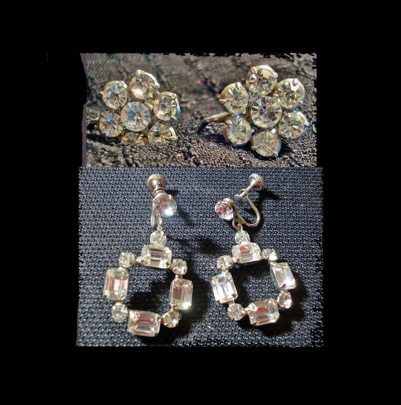 Vintage 50s Earrings Two Pairs of Clear Rhinestone Earrings Screw On Mid Century Modern