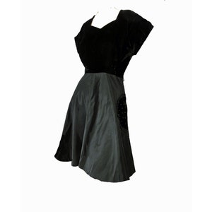 Black Cocktail Gown Vintage 1940s Party Dress Velvet Bodice and Fancy Pockets with Rhinestones