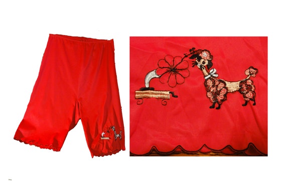 Vintage 1950s-1960s Red Nylon Pettipants With Poodle Vassarette Bloomers  Extra Small 