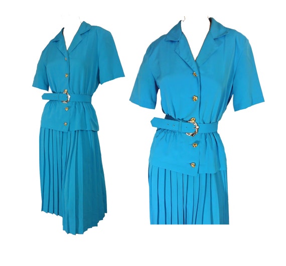 Vintage 1980s Dress Sky Blue Pleated Skirt Gold B… - image 1