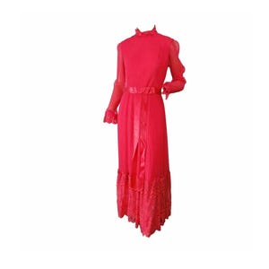 Vintage 1970s Miss Elliette Chiffon Prom Dress Formal Ball Gown Pleated Fuchsia Hot Pink Lace