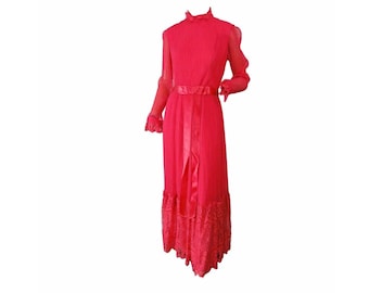Vintage 1970s Miss Elliette Fuchsia Pink Chiffon and Lace Ball Gown