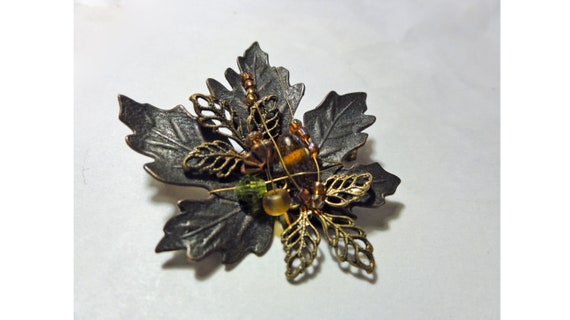 Vintage Autumn Leaf Brooch Copper Tone & Wired on… - image 2