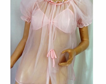 Pink Sheer Nylon Baby Doll Nightie Vintage 1960s Nightgown 3 Piece Set Lisette