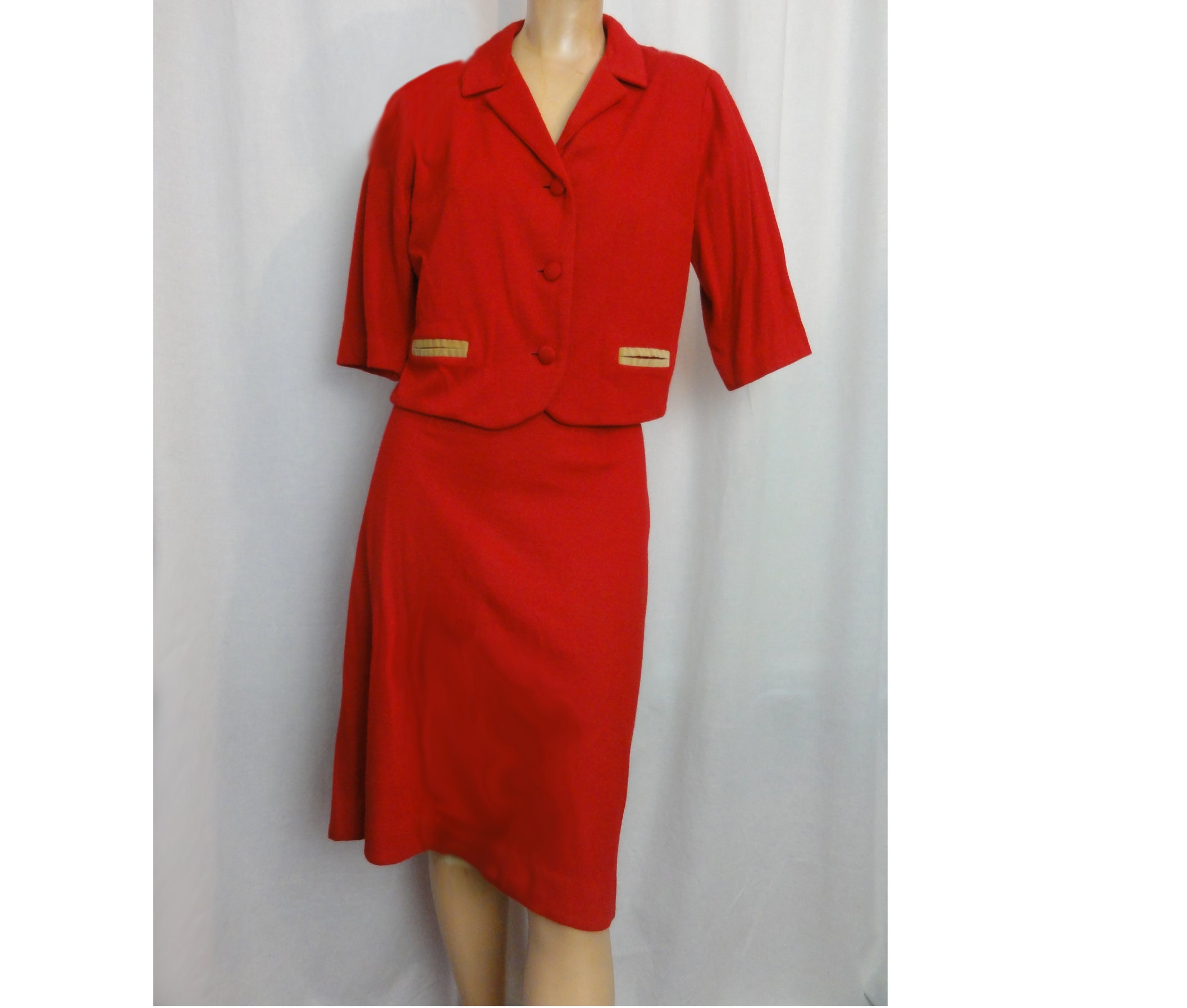 Mod 60s Suit Red Jackie Kennedy Era Cropped Jacket and Pencil - Etsy