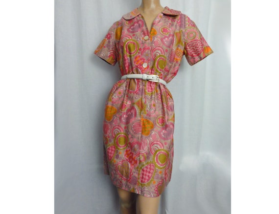 Mod Hot Pink Abstract Print Cotton Vintage 1960s … - image 3