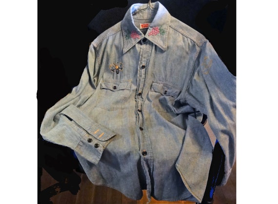 Men's Vintage 1970s Levi's Shirt Denim Chambray w… - image 3