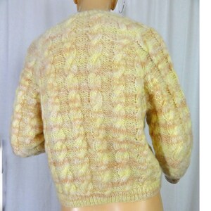 Vintage Mohair Cardigan 1980s Sweater Cropped Pastel Yellow and Pink Chunky Knit image 4