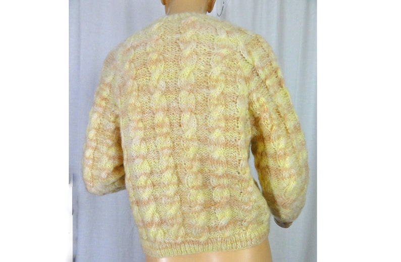 Vintage Mohair Cardigan 1980s Sweater Cropped Pastel Yellow and Pink Chunky Knit image 4