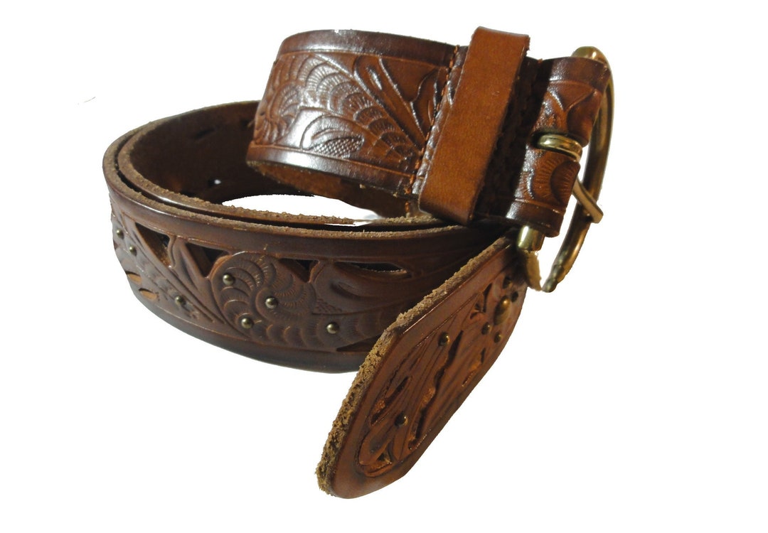 Vintage Western Belt Brown Tooled Pierced Leather With Brass Studs ...