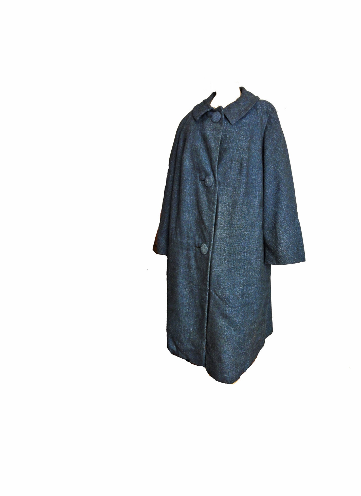 Vintage 1960s Coat Blue Wool Tweed Swing Coat XL Hand Tailored in Hong Kong