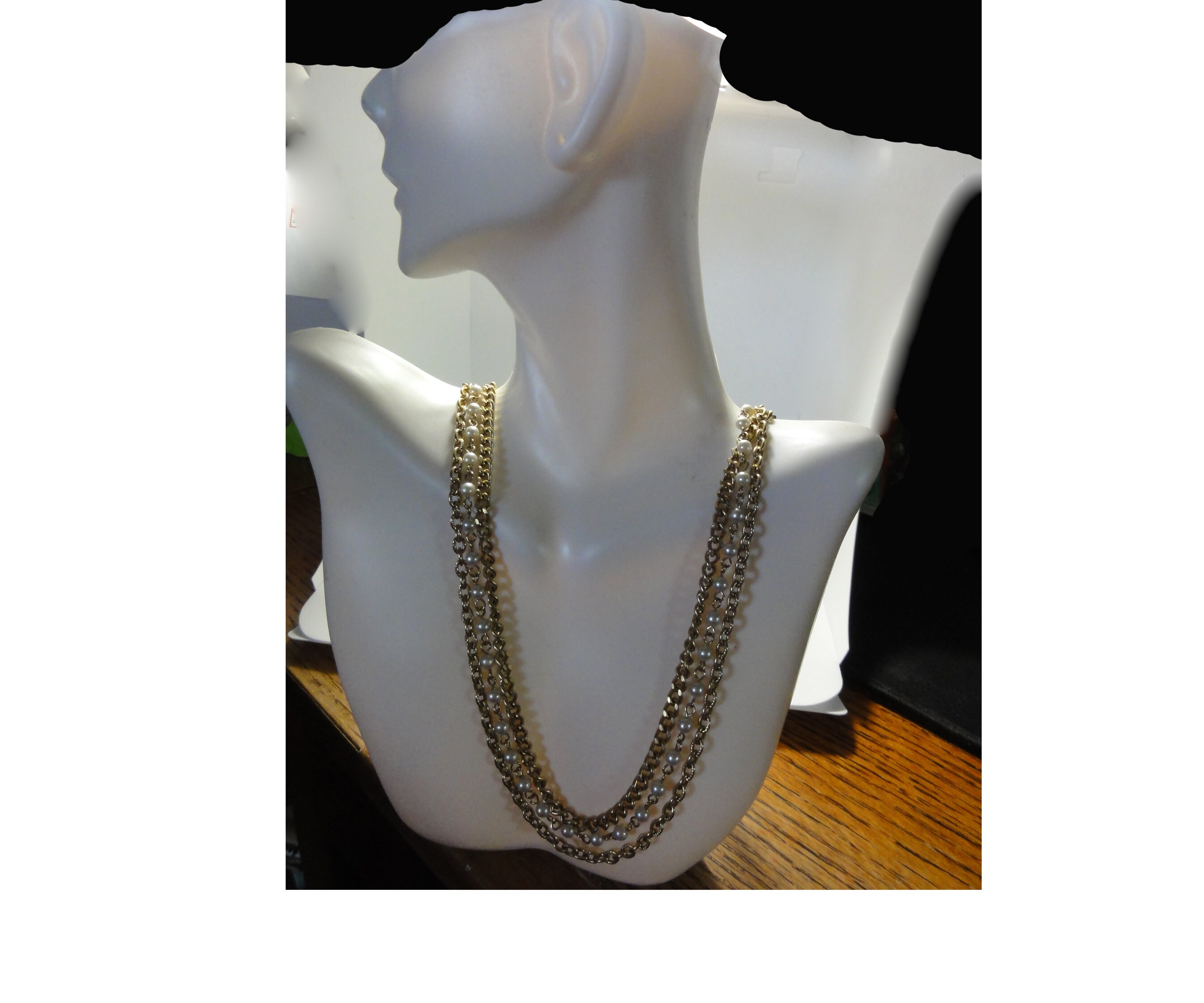Vintage 1970s Necklace Faux Pearl and Chain Three Strand