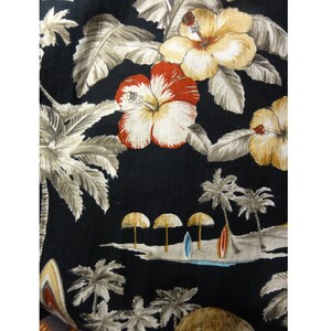 May include: Black fabric with a tropical print featuring palm trees, hibiscus flowers in shades of red, yellow, and white, and surfboards.