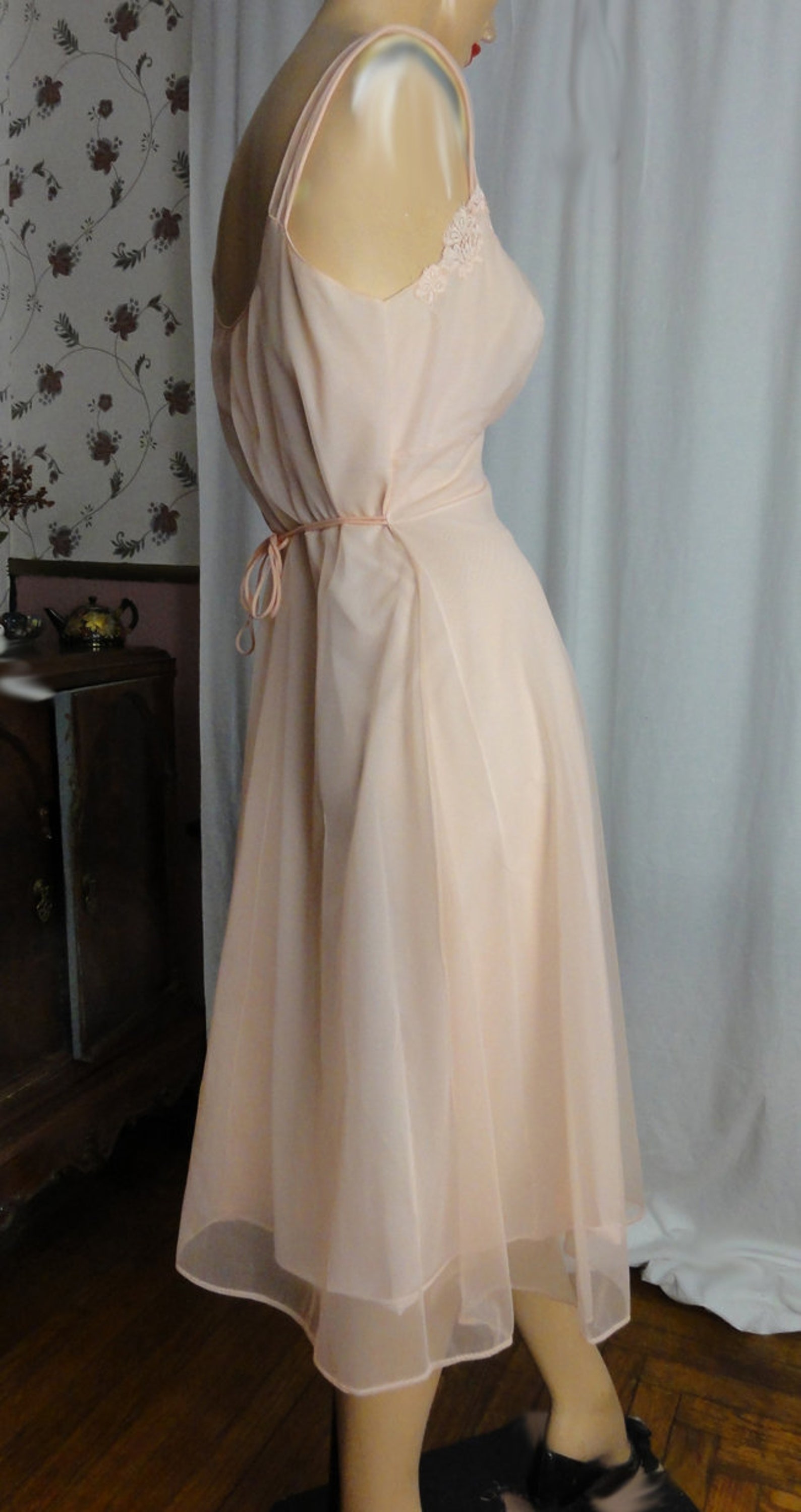 Vintage 50s Nightgown 1950s Nightie Pink Chiffon Nylon Lace | Etsy