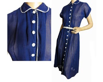 Vintage 1940s Shirtwaist Sheer Navy Blue with White Garden Party Dress Button Front Peter Pan Collar