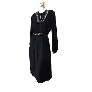 Vintage 1940s Black Day Dress Rayon Georgette Embellished in White Studs Long Sleeves