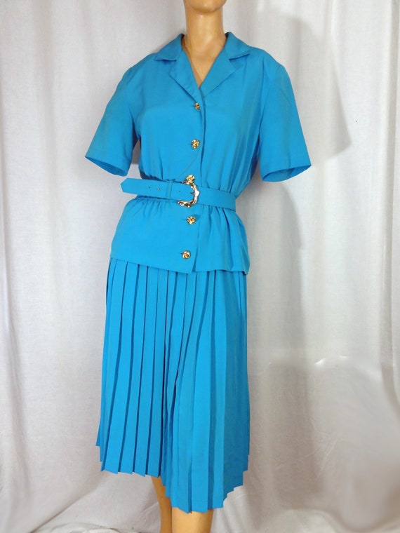 Vintage 1980s Dress Sky Blue Pleated Skirt Gold B… - image 3