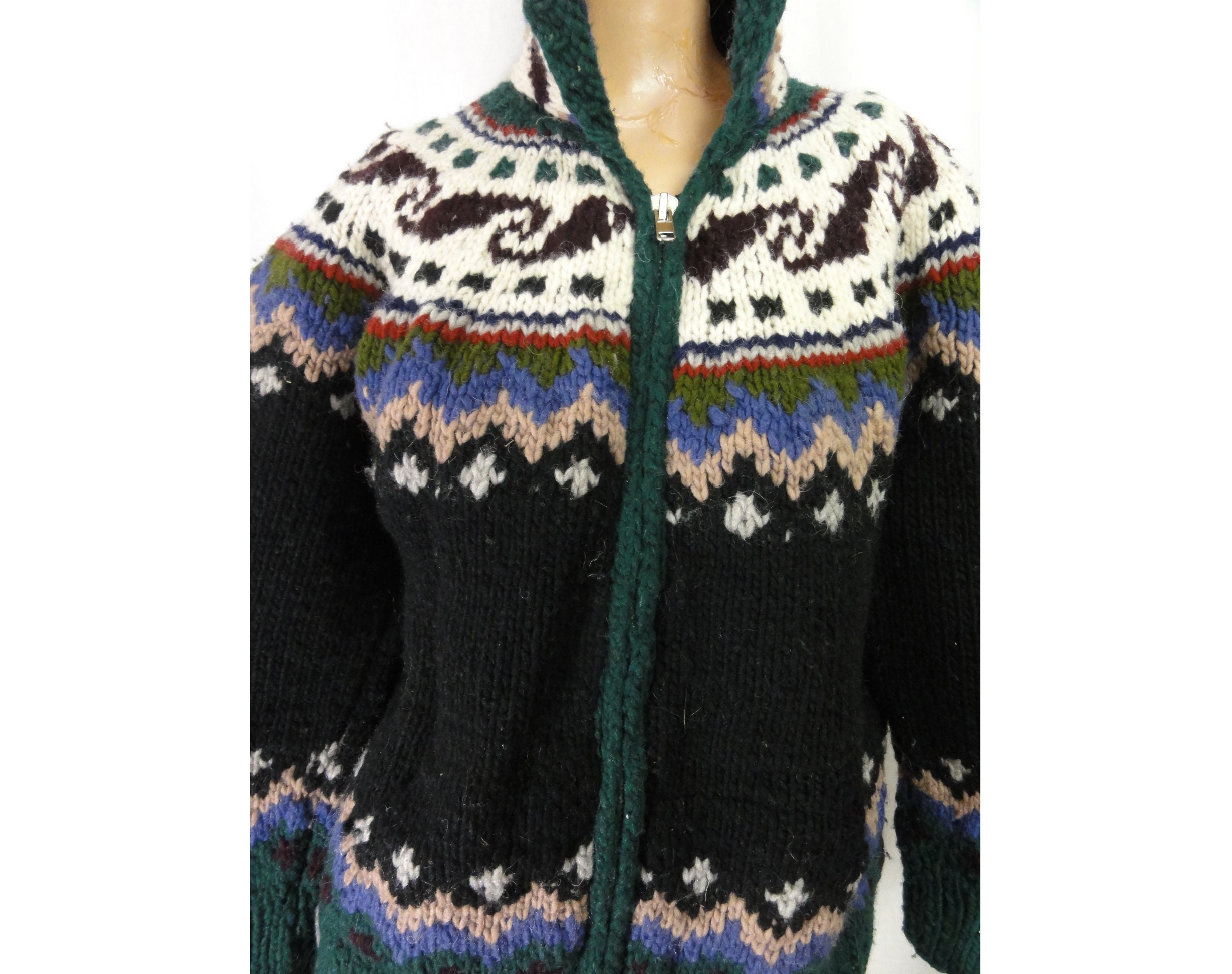 Vintage Ski Sweater Jacket Chunky Hand Knit Cardigan Hoodie Vintage Ski Sweater Jacket Chunky Hand Knit Cardigan Hoodie
