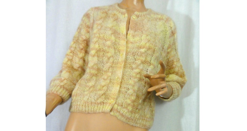 Vintage Mohair Cardigan 1980s Sweater Cropped Pastel Yellow and Pink Chunky Knit image 2
