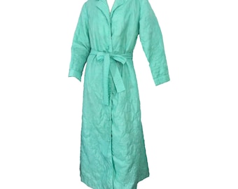 Vintage Quilted Nylon Robe Seafoam Aqua Lined Housecoat Bathrobe