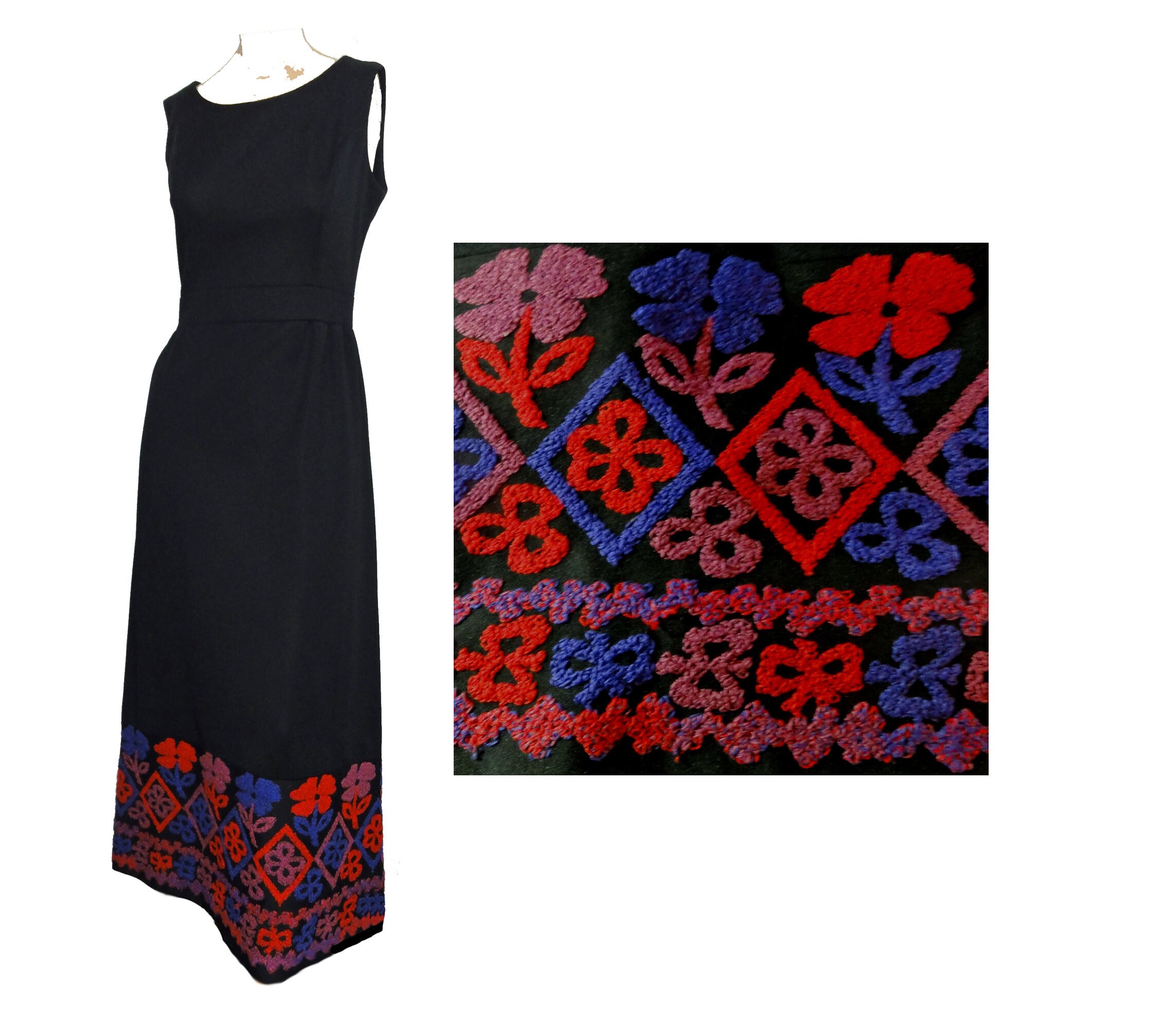 Vintage 1970s Maxi Dress Black Polyesters Embroidery Trim Hem 36