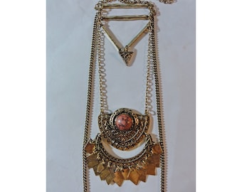 Vintage Necklace Long Flapper Style Gold Tone Egyptian Revival Art Deco Look