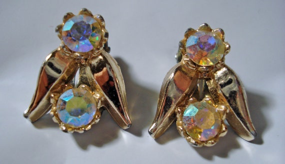 Vintage Rhinestone Earrings 1960s Aurora Borealis… - image 4