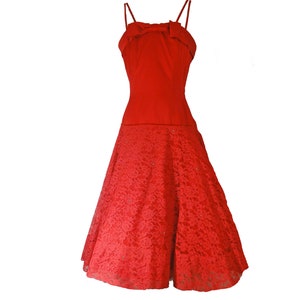 Vintage 1950s Party Dress Red Satin and Lace Rhinestones Full Skirt ...