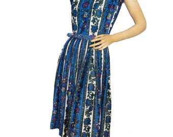 Vintage 1950s Dress Manford Blue Floral Print Nylon Jersey