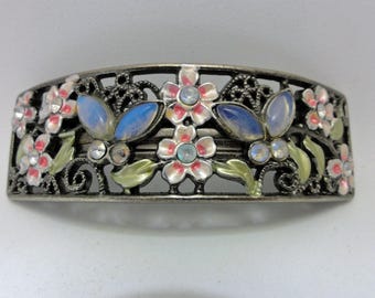 Vintage Barrette Pastel Floral Enamel with Rhinestones Hair Clamp Pink and Blue