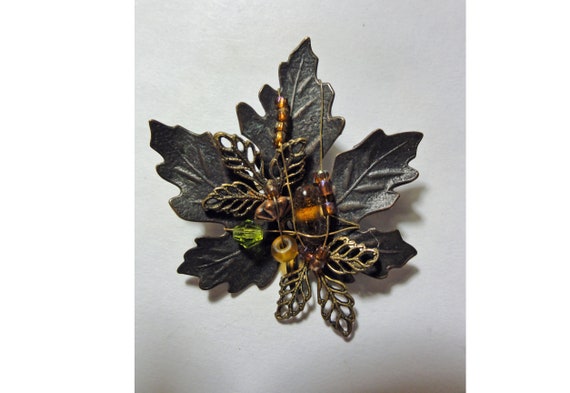 Vintage Autumn Leaf Brooch Copper Tone & Wired on… - image 7