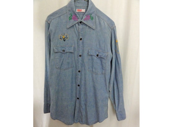 Men's Vintage 1970s Levi's Shirt Denim Chambray w… - image 2