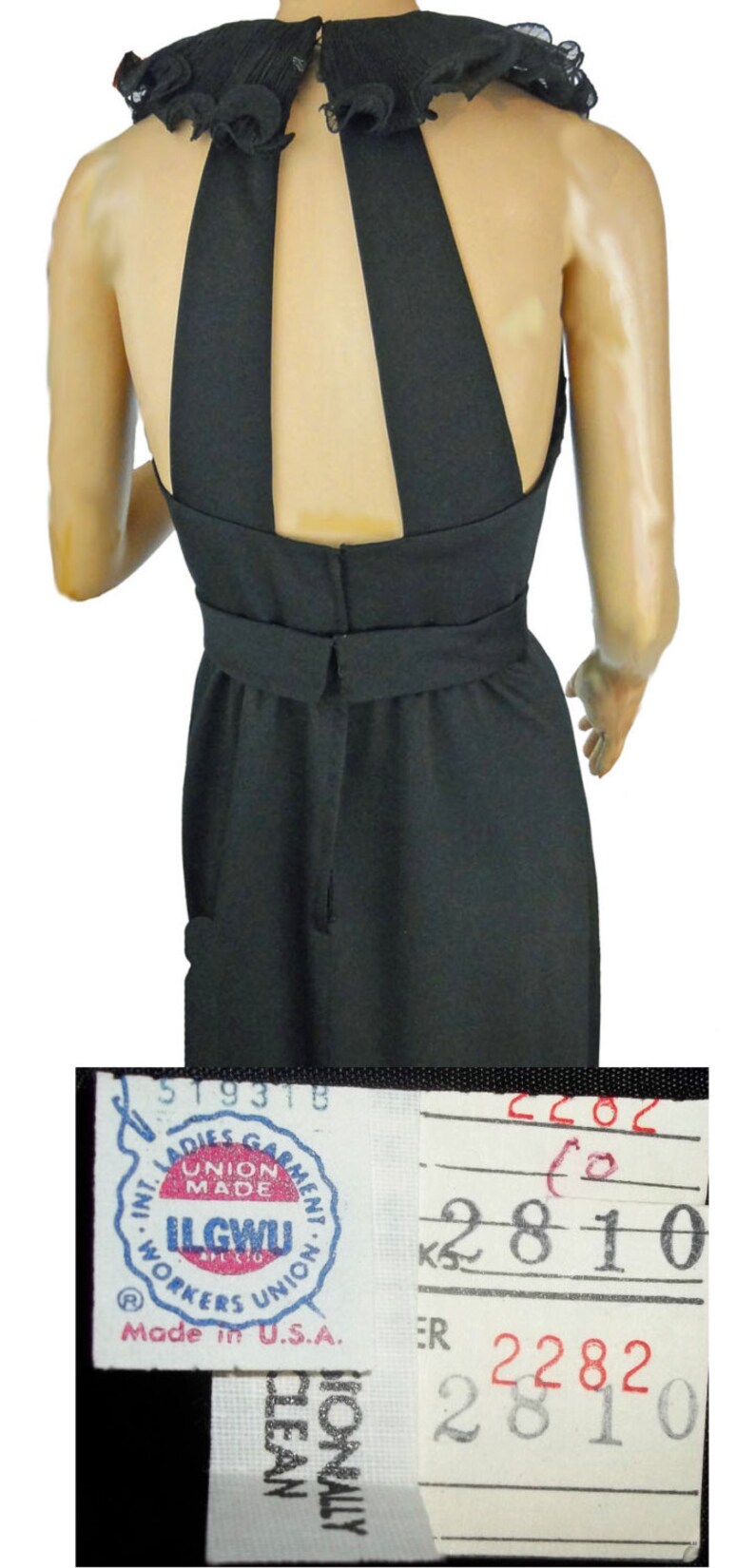 Vintage 1980s Black Formal Gown Wrap Dress Ruffle Trim Low Back Bare Shoulders image 5