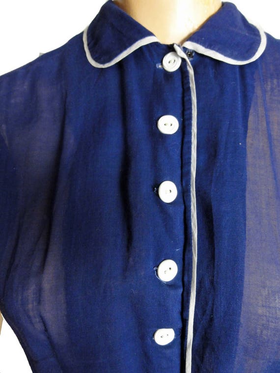 Vintage 1940s Shirtwaist Sheer Navy Blue with Whi… - image 5