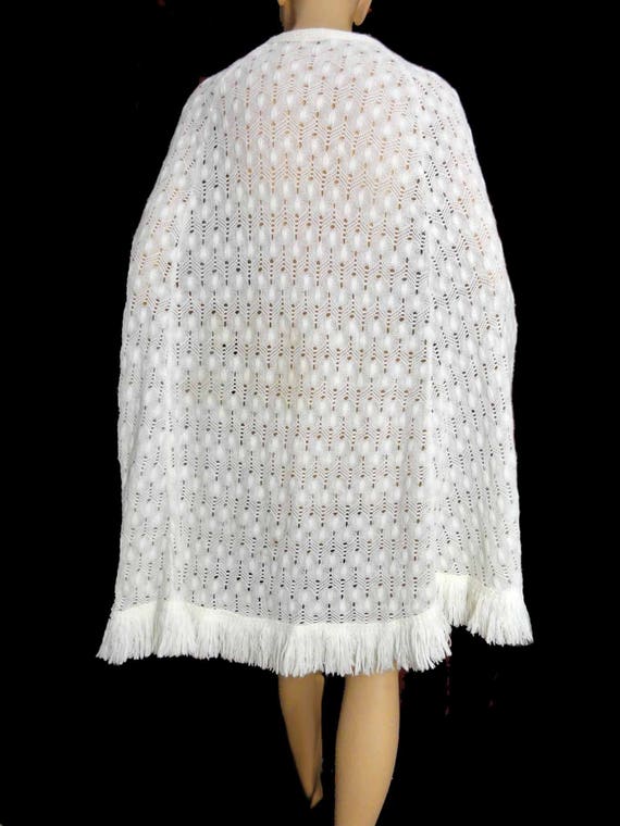 Vintage White 1970s Cape Sweater Knit Fringed Pon… - image 4