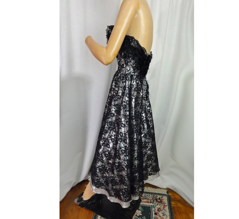 1980s Prom Black Lace and Silver Lame Party Dress Strapless Cocktail Gown image 5