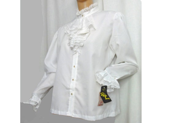 Vintage 1970s Blouse White Lace Jabot Victorian R… - image 1