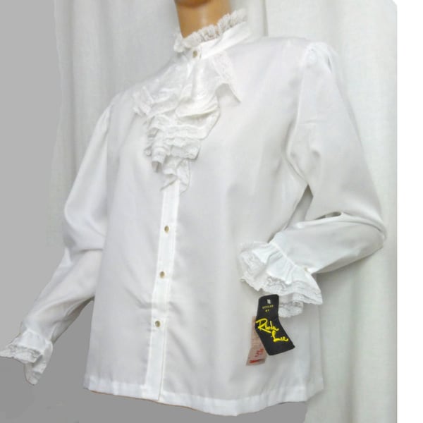 Vintage 1970s Blouse White Lace Jabot Victorian Revival NOS "Rhoda Lee"