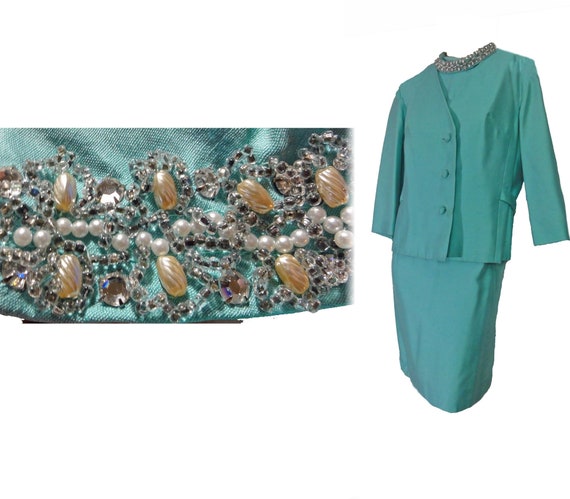 Mod Vintage 1960s Sheath Dress and Jacket Beaded … - image 1