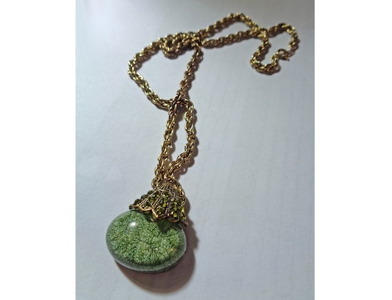 Vintage Choker Pendant Necklace Green Oval Caboch… - image 1