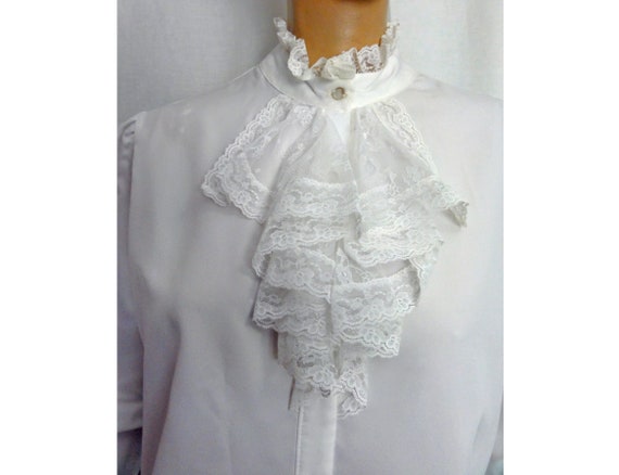 Vintage 1970s Blouse White Lace Jabot Victorian R… - image 3