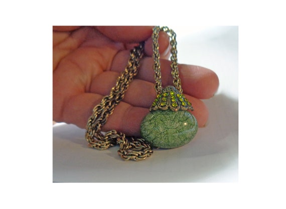 Vintage Choker Pendant Necklace Green Oval Caboch… - image 2