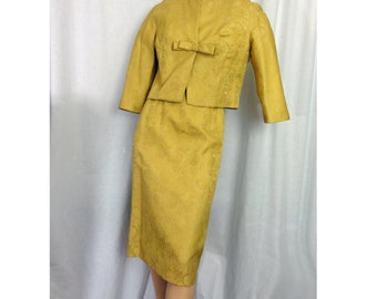 Cocktail Dress Suit Vintage 1960s Sheath and Cropped Jacket Gold Floral Jacquard