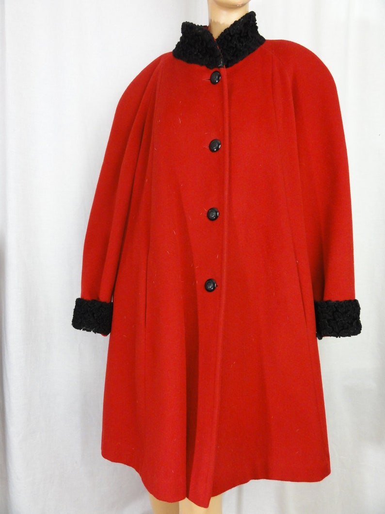 XL Plus Size Vintage 80s Coat Red Wool Swing Coat Black Faux | Etsy