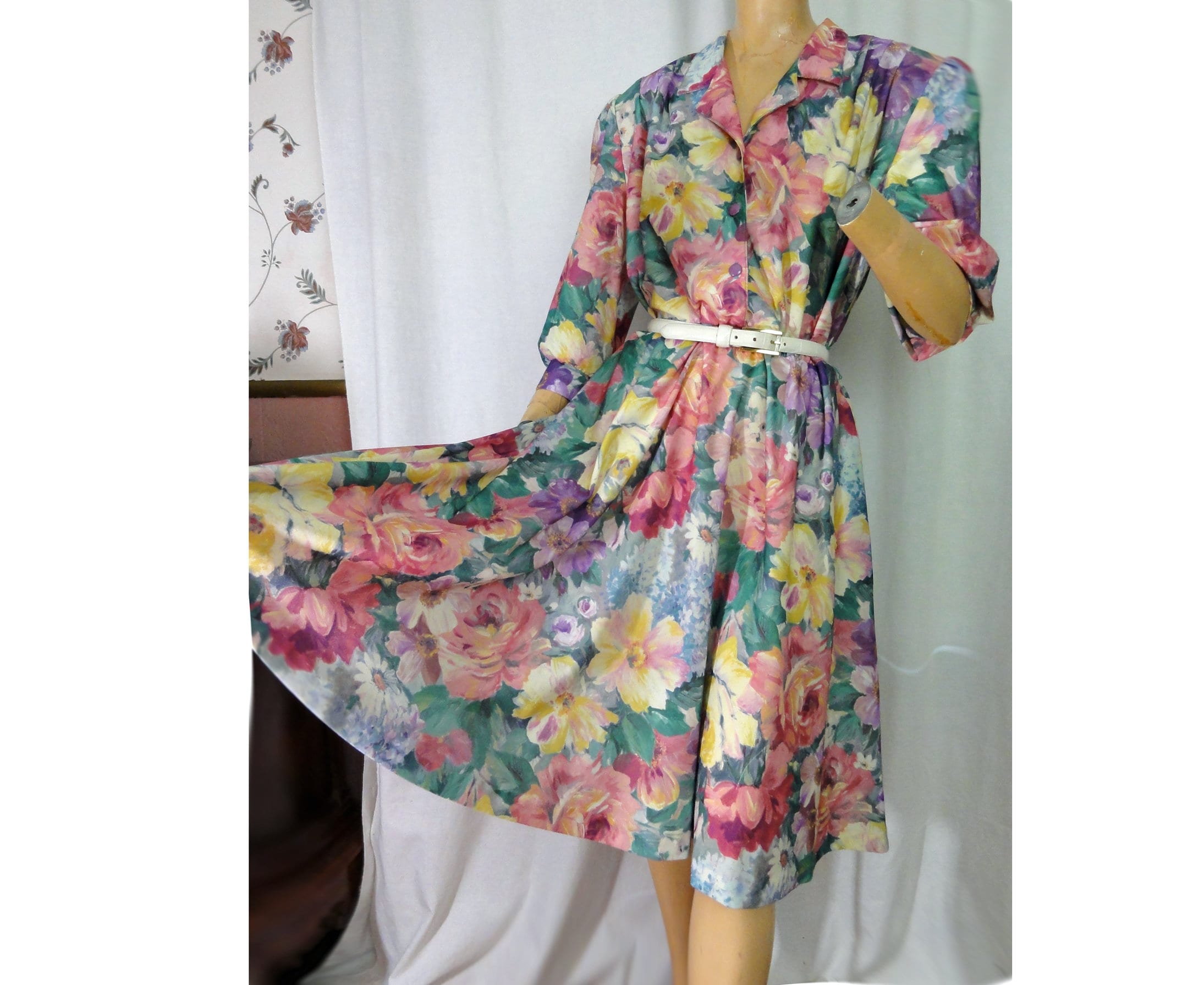 Floral Print 1980s Shirtwaist Dress Vintage Party Frock Size 14 Petite ...