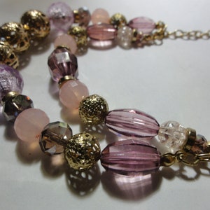 Vintage Boho 2 Strand Choker Necklace Mixed Beads in Purple, Gray, Gold