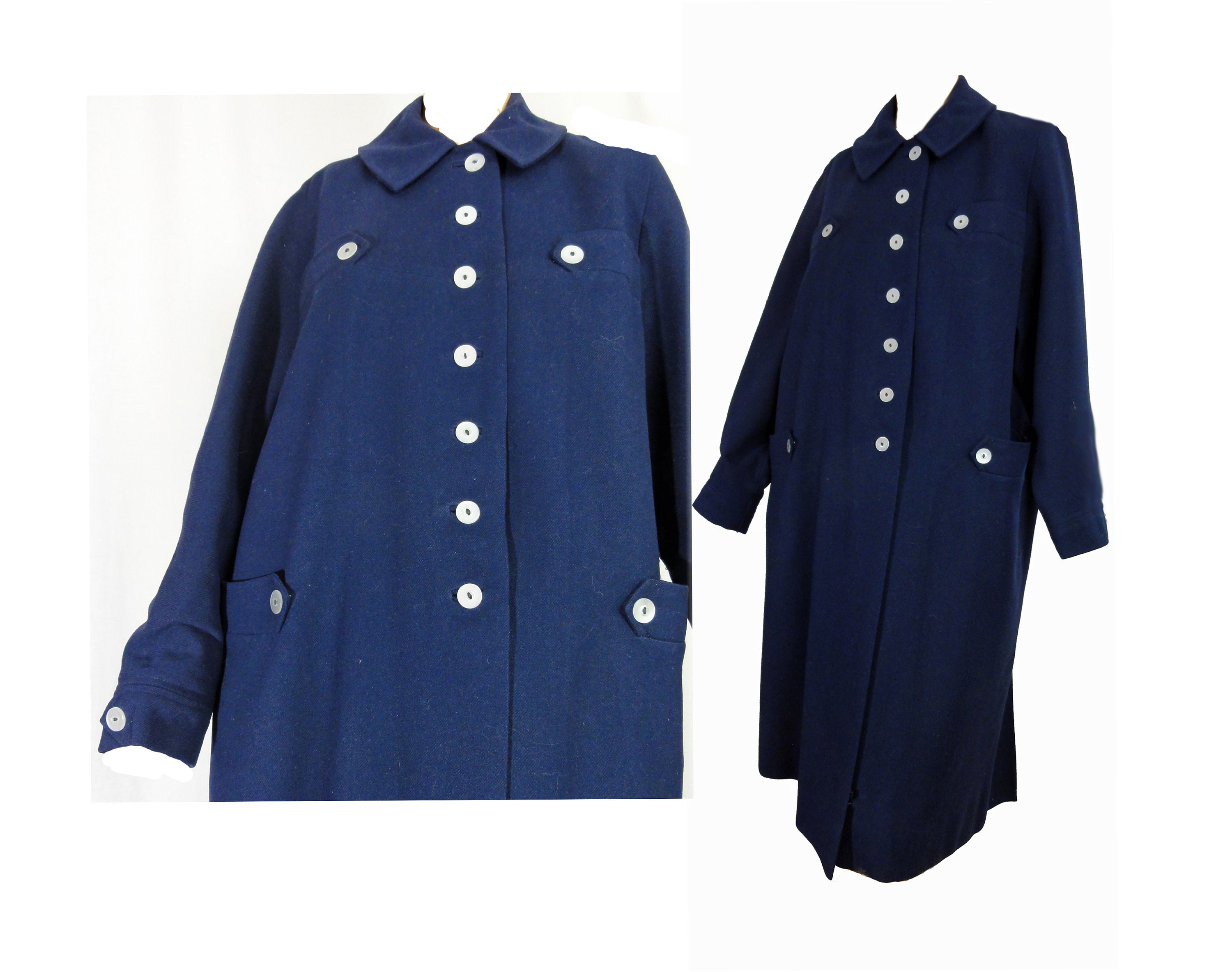 Dark blue lightweight coat with white buttons