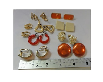 Vintage 1980s Earrings Clip on Lot of 10 Hoops, Zig Zag, Button