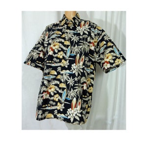 May include: A black short-sleeved button-down shirt with a tropical print featuring palm trees, surfboards, and flowers.
