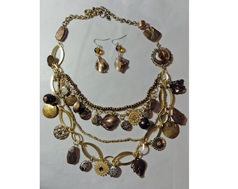 Vintage Necklace and Earrings Gold Tone Multi Chain Mixed Media Charm/Drop Statement Necklace